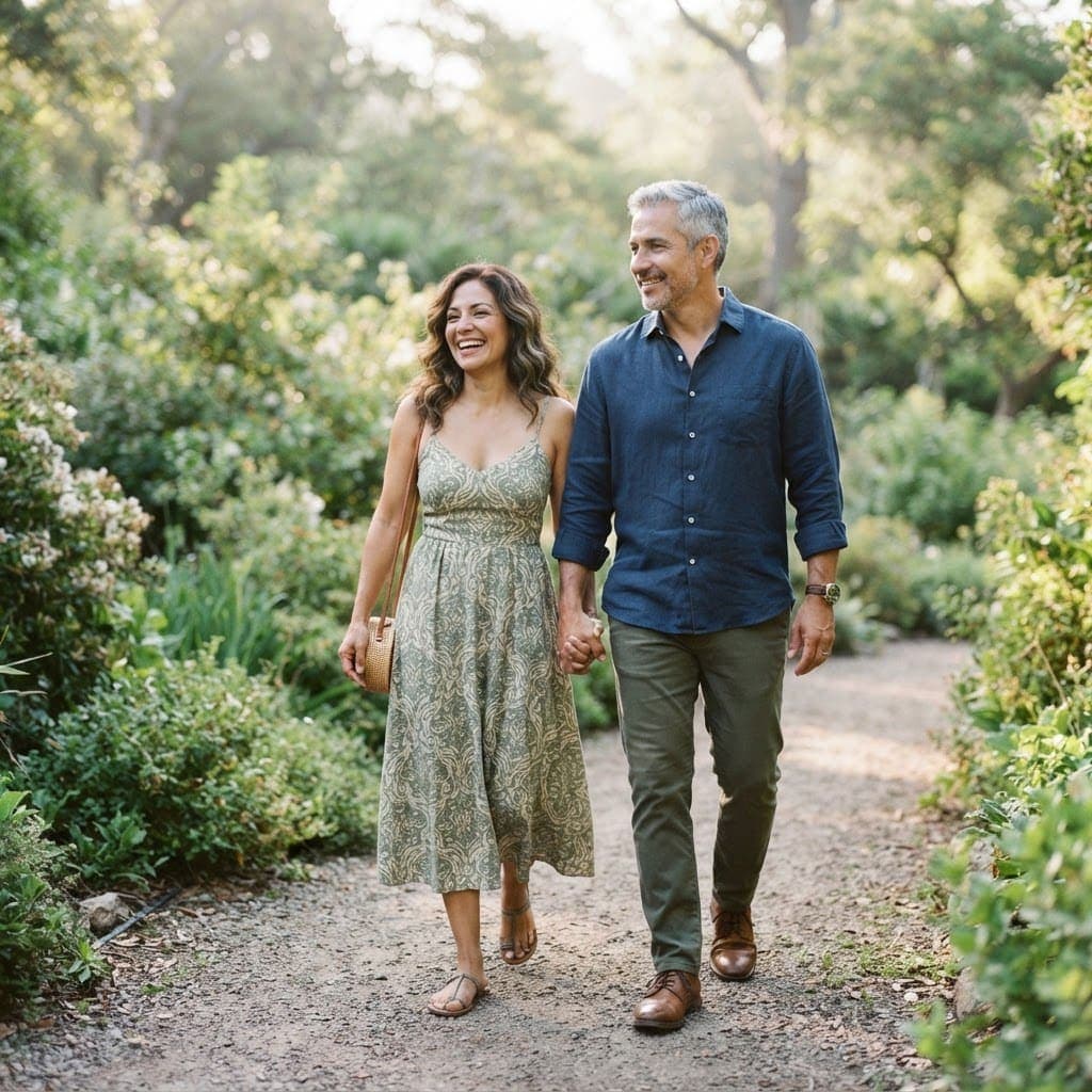 Pareja de esposos tomados de la mano caminando al aire libre